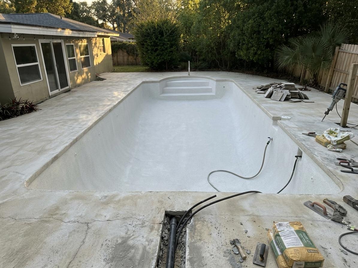 During: fresh white plaster applied