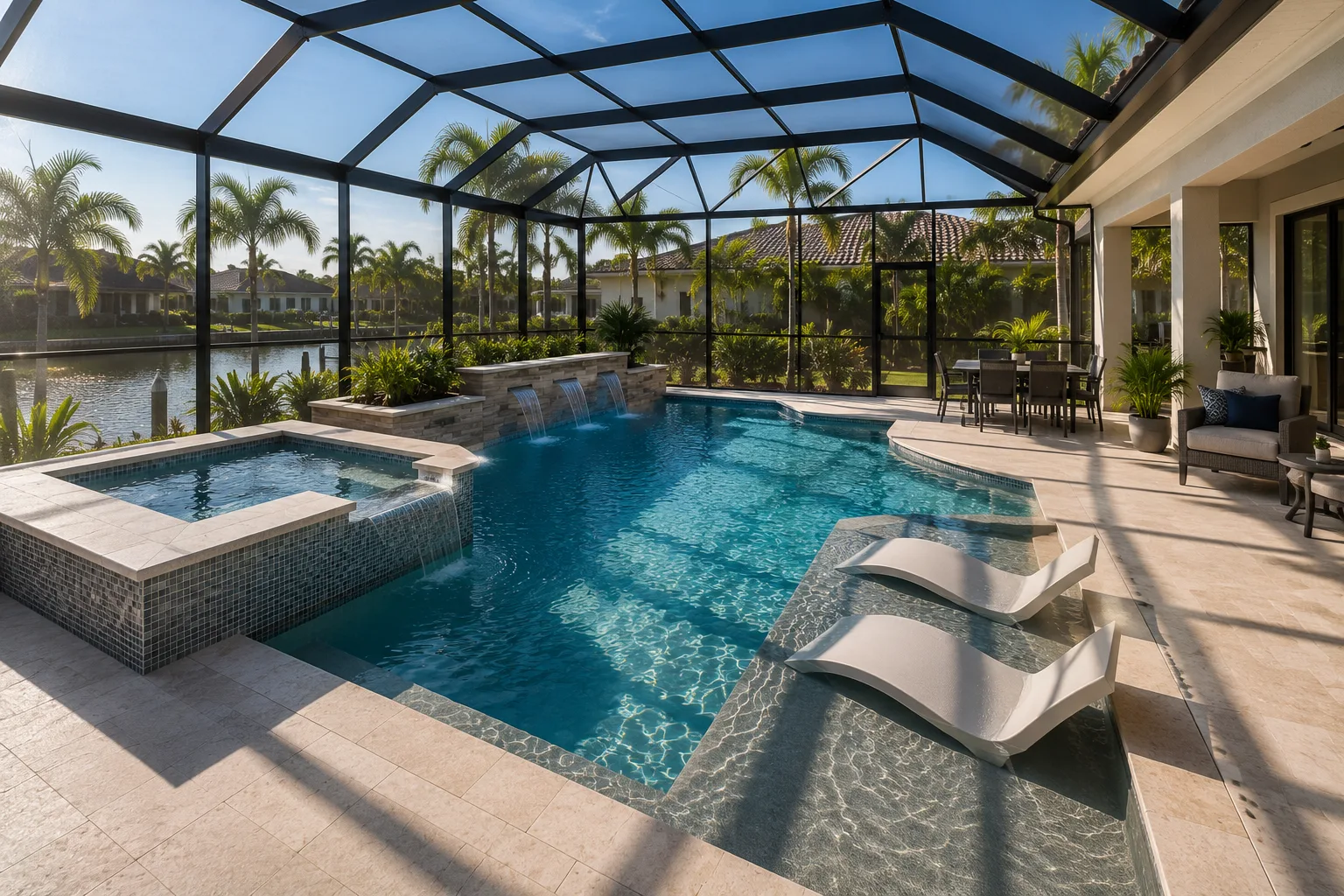Screened pool enclosure with spa